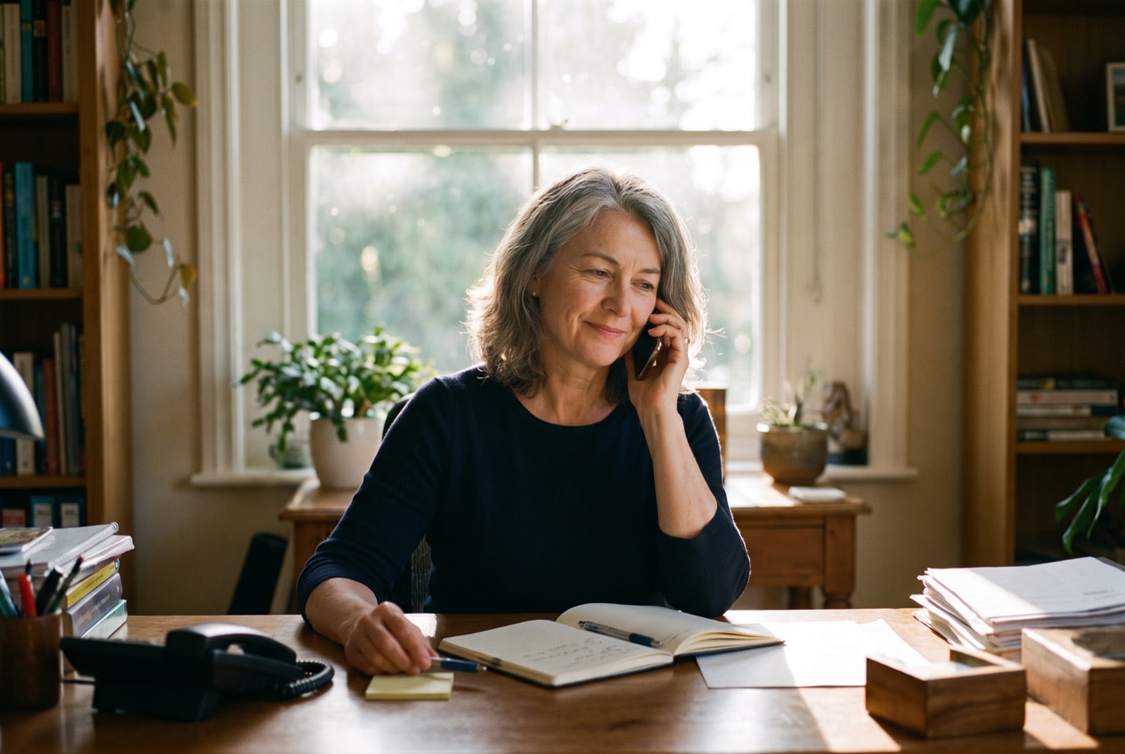 A Clozure concierge at her desk, listening on the phone