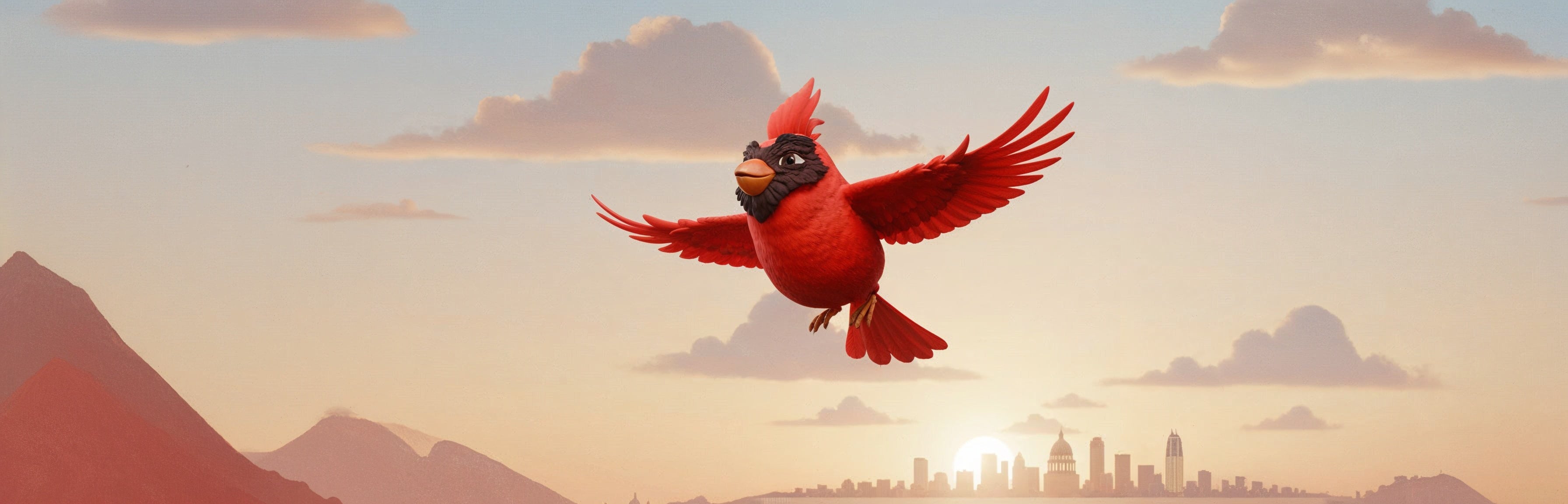Coda flying over a cityscape with mountains and sunset.