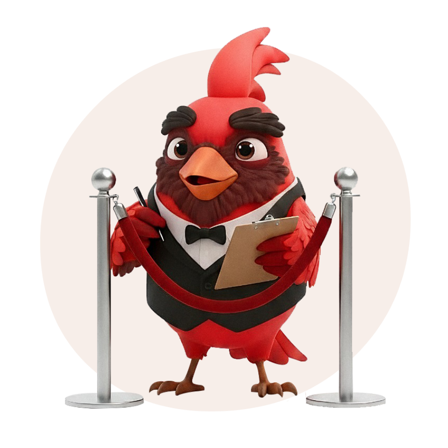 Coda with a bow tie holding a clipboard, standing between two stanchions.