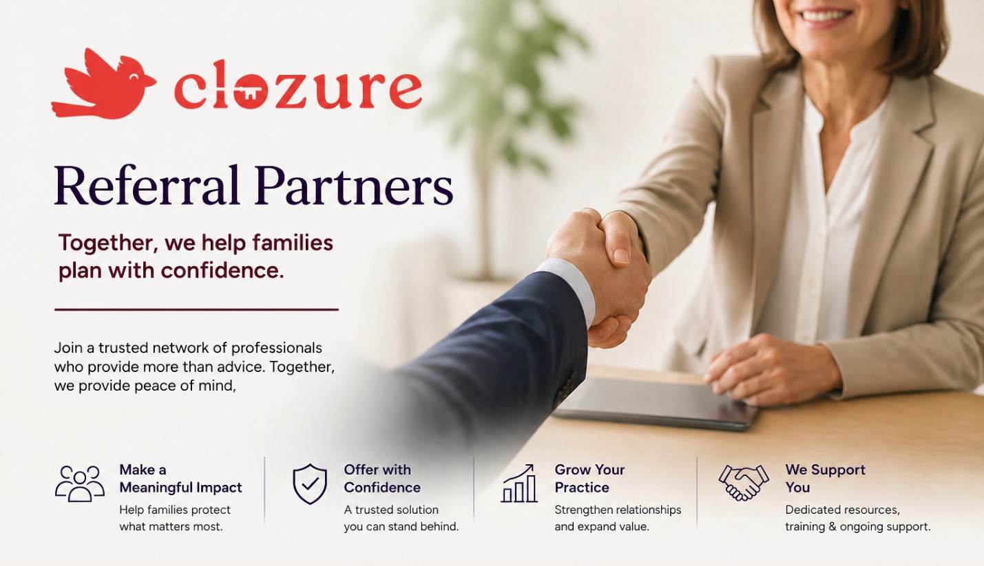 Two people shaking hands with Clozure branding and referral partner message.
