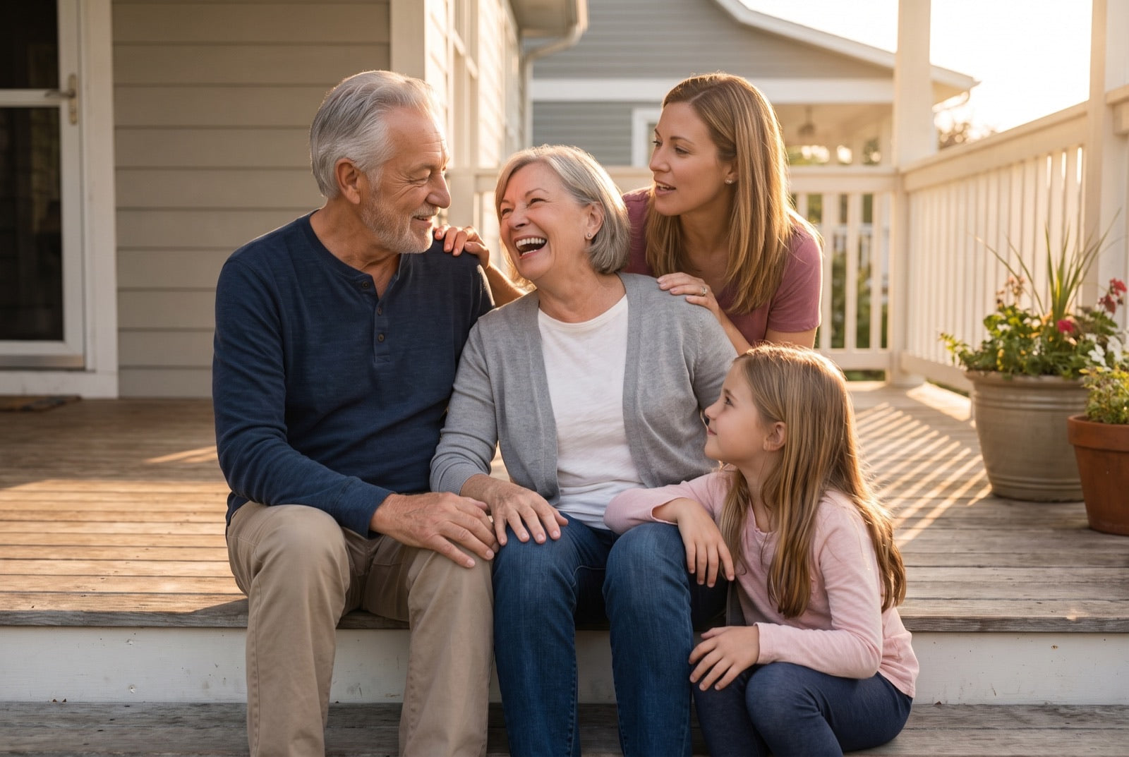 Three generations of a family together on their porch steps in the last of the evening light