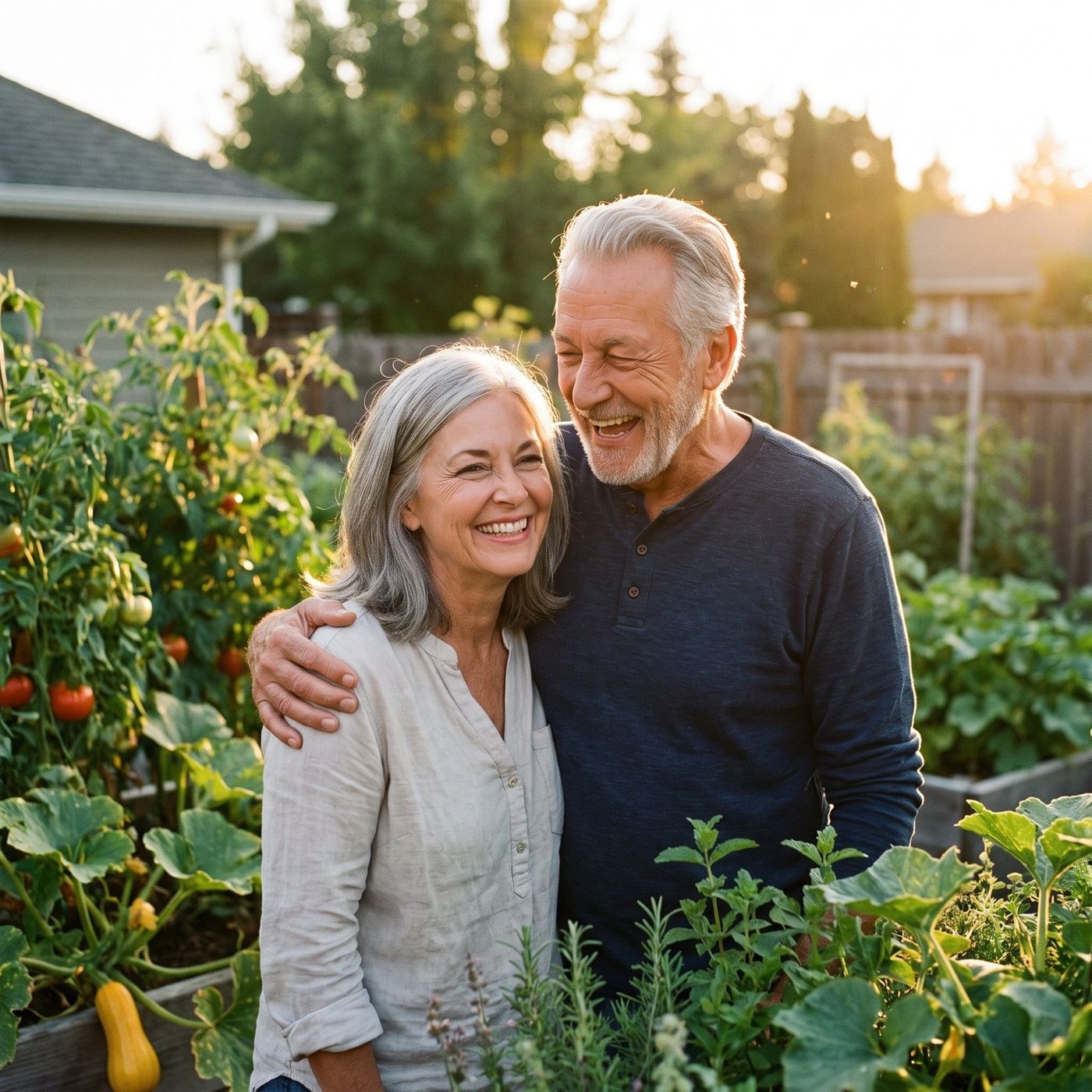 An older couple together in their garden in the evening