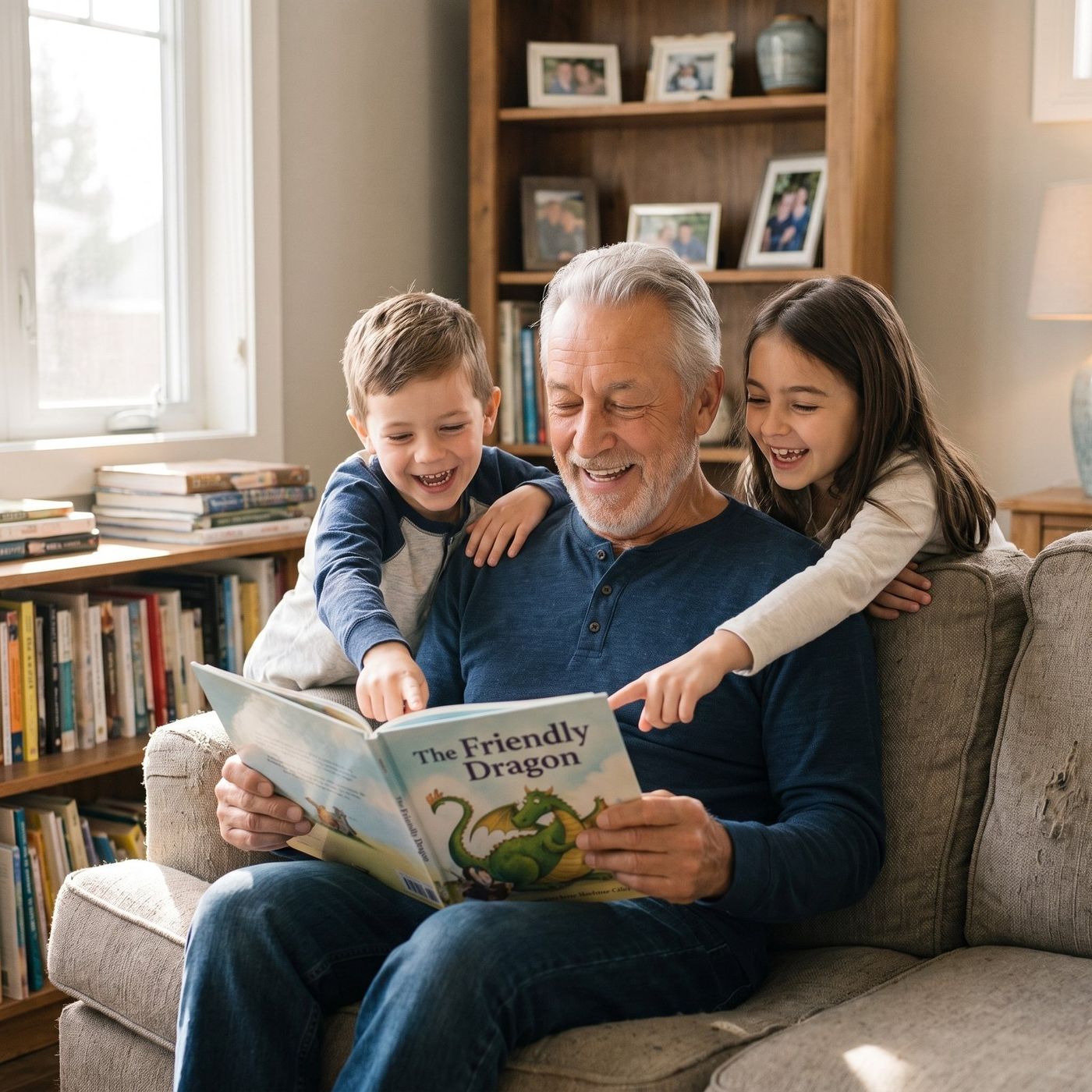 A grandfather reading a picture book with two grandchildren on a sofa