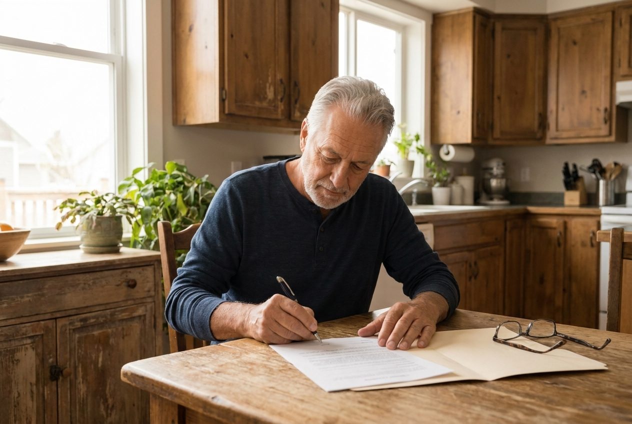 A daughter and her father reading a document together by the bookshelf