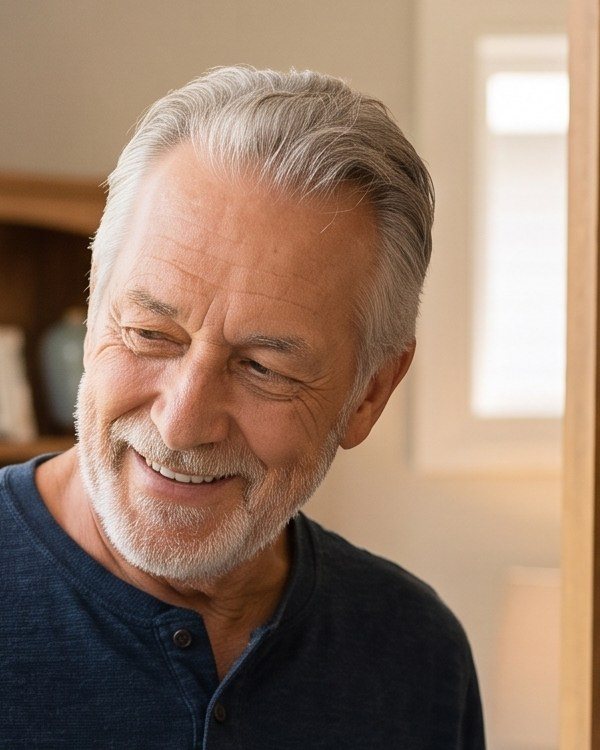 An older man alone, smiling, in the evening light of his living room