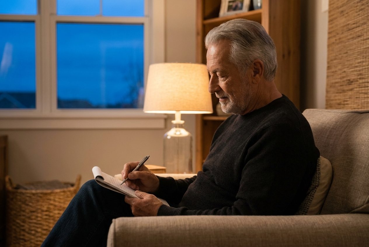 An older man writing a letter by lamplight in the evening