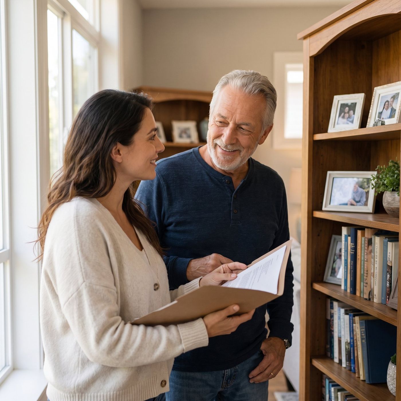 A daughter and her father reading a book together at the bookshelf